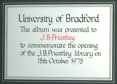 Presentation slip in album commemorating opening of J.B. Priestley Library 1975