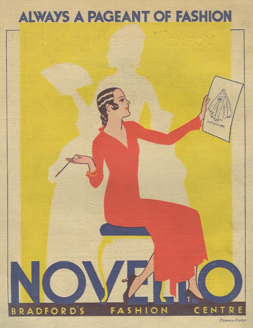 Advertisement for Novello, Bradford's fashion house, featuring stylish lady in red gown with elaborate hairstyle and cigarette, back cover of Book of Words, Historical Pageant of Bradford, 1931