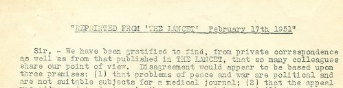 Typescript of first paragraph of letter to the Lancet 17 February 1951