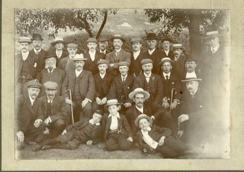 Group photograph Bradford Technical College.  We think this was taken on a Staff Outing, probably circa 1908 or 1909  (BTC 2/35)