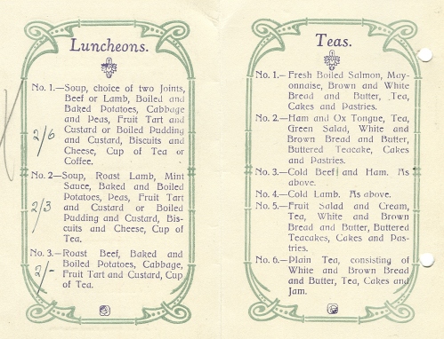 Menu for the Castleton Restaurant, where the 1933 Bradford Technical College Staff Outing had luncheon (BTC 3/12/2).