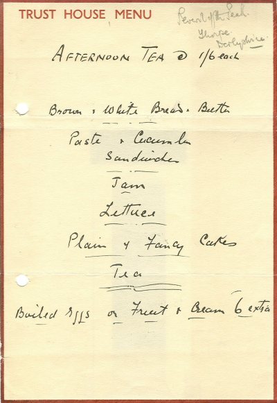 Menu for afternoon tea at the Peveril of the Peak hotel in Thorpe, Derbyshire, visited by Bradford Technical College staff.  "Trust House" menu suggests that the hotel was part of a larger group of country inns.  (BTC 3/12/2)
