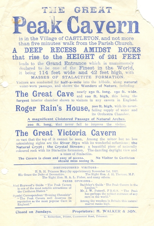Flyer advertising The Great Peak Cavern in Castleton, visited by the 1933 Bradford Technical College Staff Outing (BTC 3/12/2)