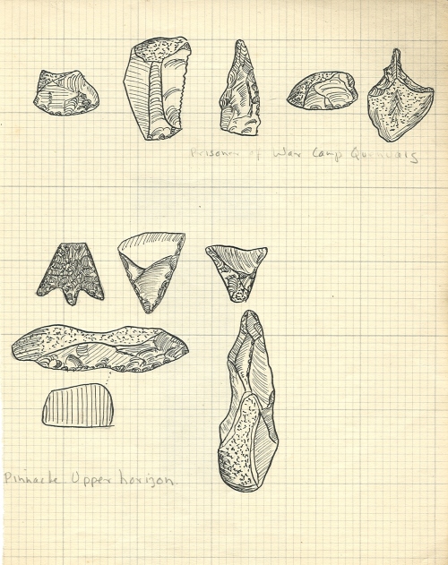 Pen drawings of flints from Les Quennevais and Le Pinacle (The Pinnacle), Jersey, published in The Bailiwick of Jersey by Jacquetta Hawkes pp 66 and 168. Archive ref HAW 1/14.