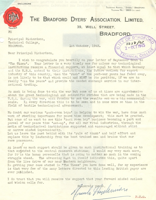 Letter from Hopkinson of the Bradford Dyers' Association, 1 October 1943, praising Richardson's recent letter to The Times newspaper and agreeing with the need for the country to invest in technological education (BTC 1/107)