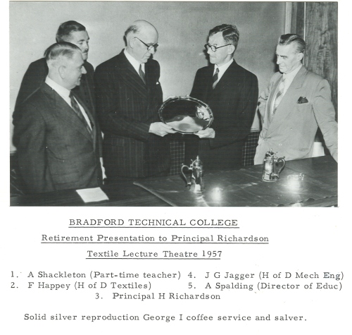 Retirement presentation to Principal Richardson, 1957, of a solid silver reproduction George I coffee service and salver.  Principal Richardson is the central figure (BTC 8/3)